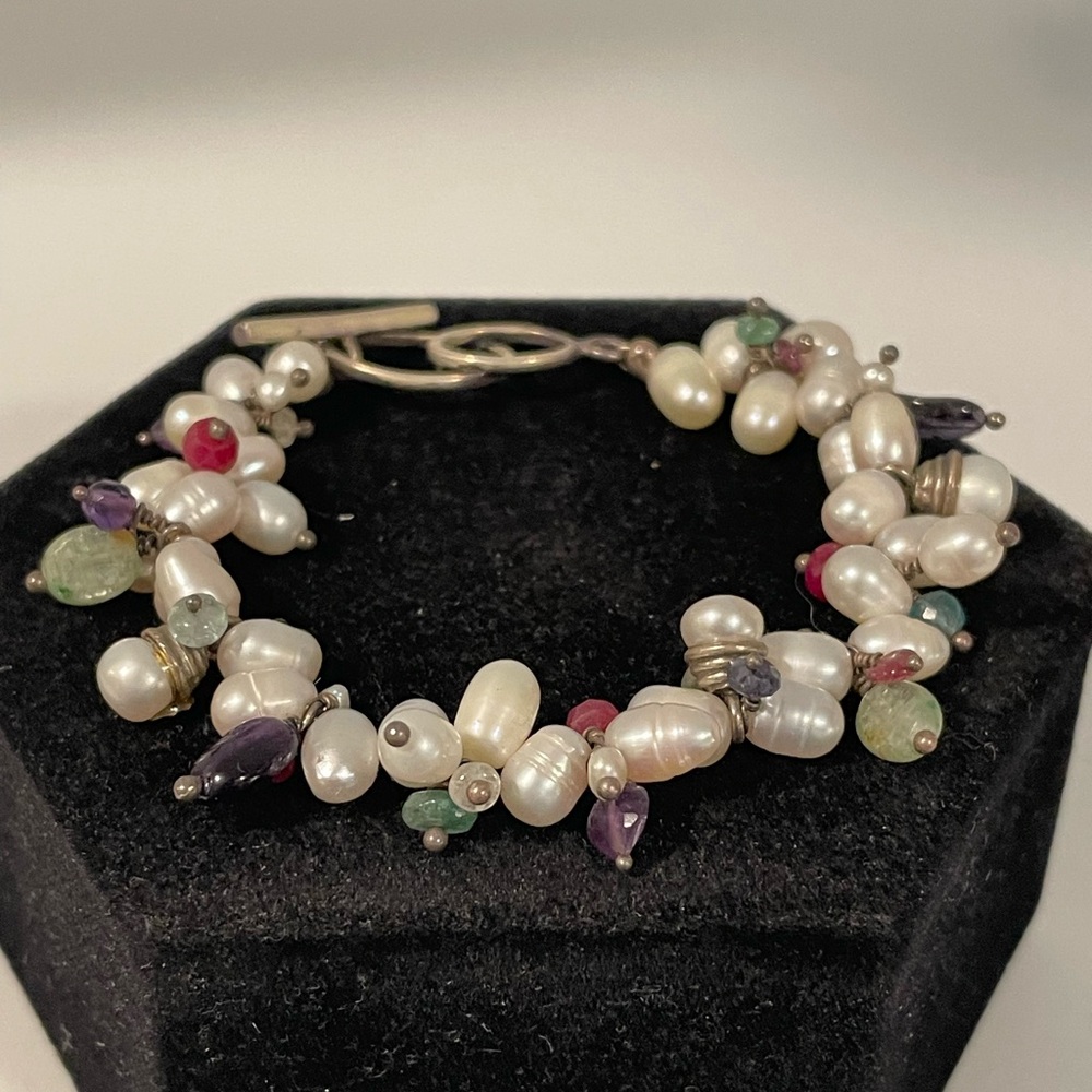 Handmade Pearl, Ruby and Aquamarine Bracelet